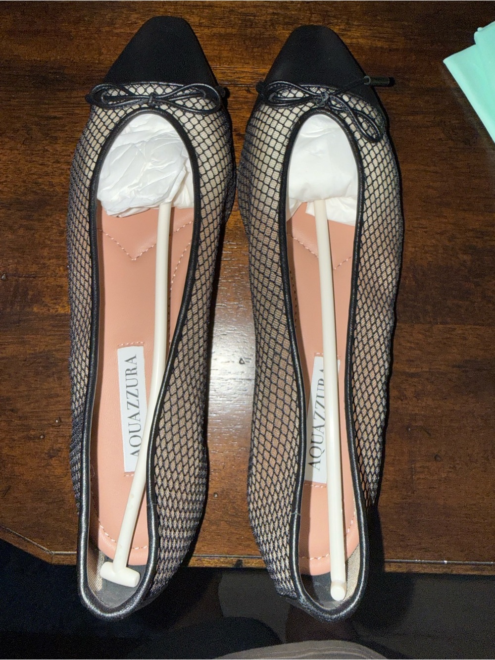 Aquazzura Black Mesh Pointed-Toe Ballet Flats with Bow
